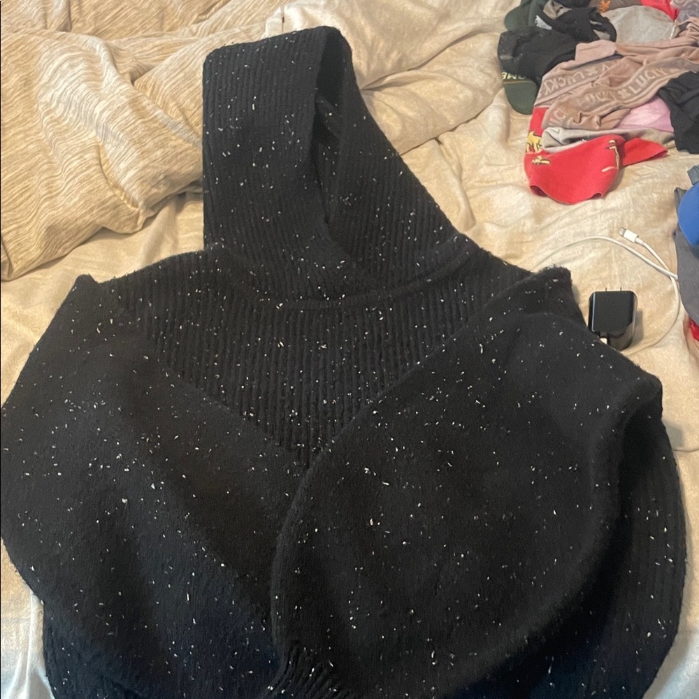 Ann Taylor Black Speckled Hooded Turtleneck Sweater